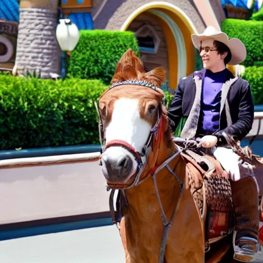 Image similar to andy samberg riding a horse in disneyland super realistic photo