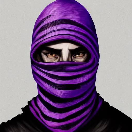 Image similar to ultra realistic illustration, man in a black hood, in a striped purple balaclava, mysterious, highly detailed, digital painting, artstation, concept art, smooth, sharp focus, illustration