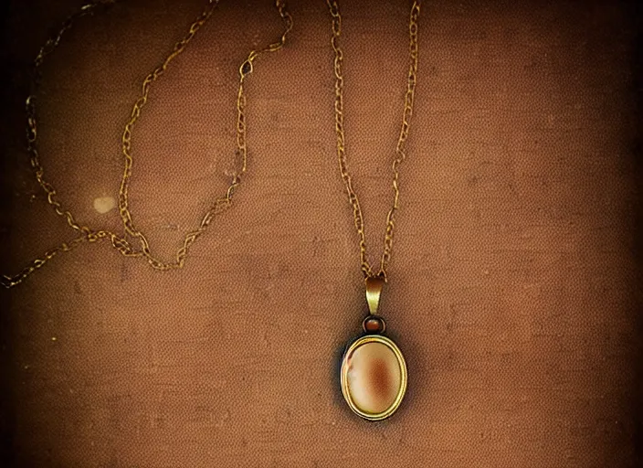 Image similar to old retro burnt out sepia photograph with scratches of a golden necklace with a hanging tiny slim open oval rusty golden locket pendant with a retro photo of an elegant and aesthetic woman royalty portrait. forest background with bokeh. Antique. High quality 8k. Intricate. Sony a7r iv 35mm. Award winning