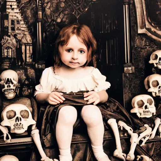 Image similar to a photo of young sad victorian gothic child with big eyes and wide grin sitting on a sofa of bones surrounded by a cyber futuristic cityscape made of human body parts, color, 5 0 mm, award winning photography