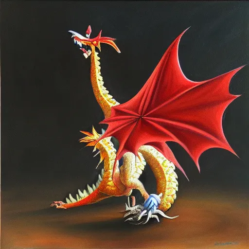 Prompt: oil painting of fluffy dragon playing with toy