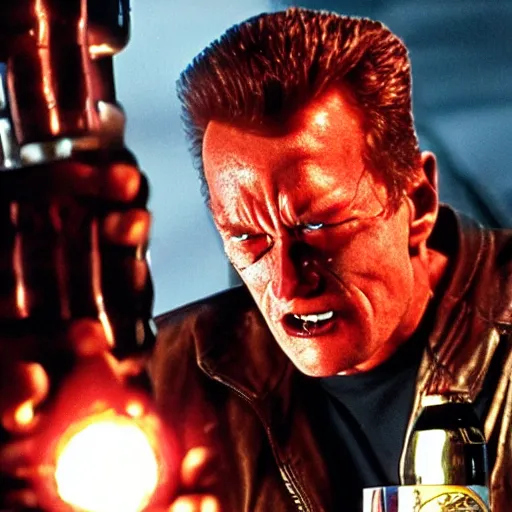 Prompt: The Terminator drinking beer, cinematic lighting