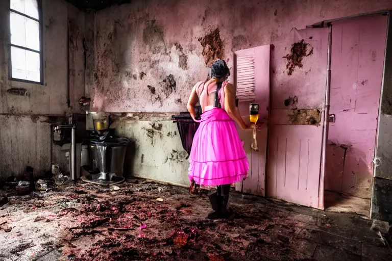 Prompt: batman wearing pink frilly apron offering free beer in dirty disgusting brown bathroom with cracked tiles and mold, atmospheric eerie lighting, dim lighting, bodycam footage, motion blur, blurry photography