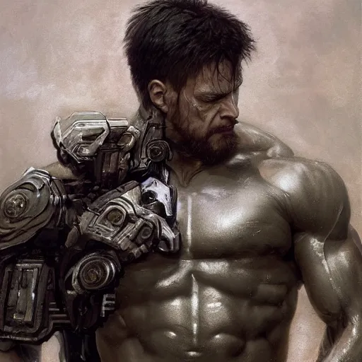 Image similar to handsome portrait of a spartan guy bodybuilder posing, radiant light, caustics, war hero, metal gear solid, ghost in the shell, by gaston bussiere, bayard wu, greg rutkowski, giger, maxim verehin