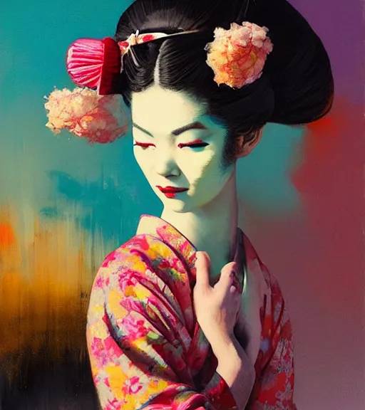 Image similar to delightful geisha, sleepwalk by bartholomew beal, alfio presotto, rhads, salustiano garcia cruz, lita cabellut, contemporary art, mixed media, whimsical art, detailed,