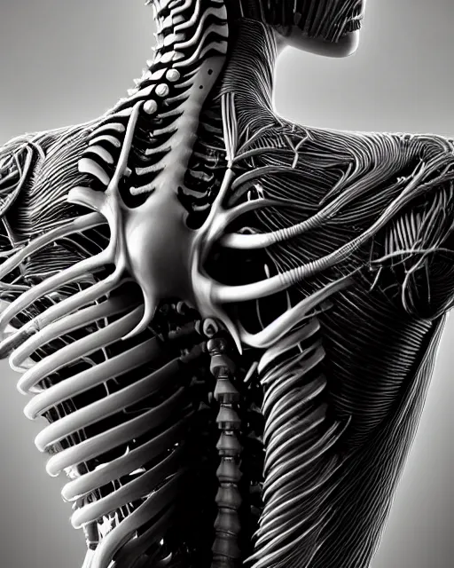 Image similar to raw bw 3 d redshift render biomechanical intricate spinal ribbed organic body detail of mechanical female vegetal - cyborg, beautiful insanely detailed, digital art, octane render, 8 k artistic photography, photo - realistic, unreal engine