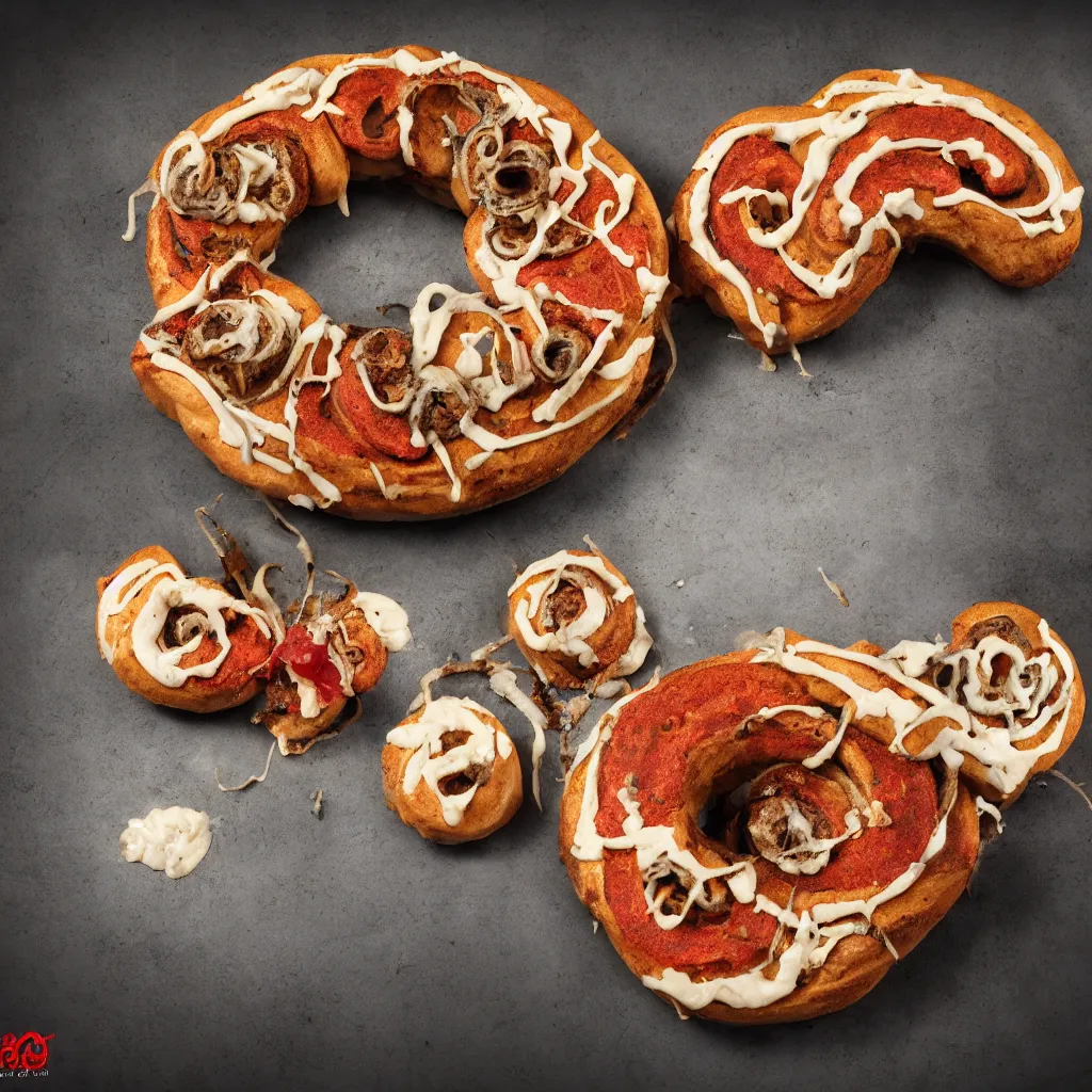 Image similar to a photo of a biomechanical rotten vegan doner with pizza taste and halapeno mayo, in the shape of a cinnamon roll in the style of hr giger, octane render, 8 k