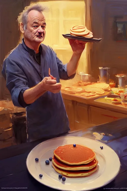 Image similar to bill murray making pancakes animation pixar style, by magali villeneuve, artgerm, jeremy lipkin and michael garmash, rob rey and kentaro miura style, golden ratio, trending on art station