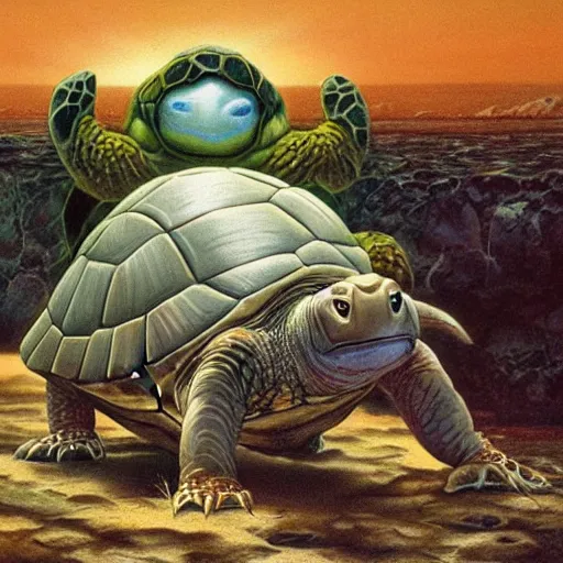 Image similar to a turtle with cow head, surrealism, painting by boris vallejo and michael whelan