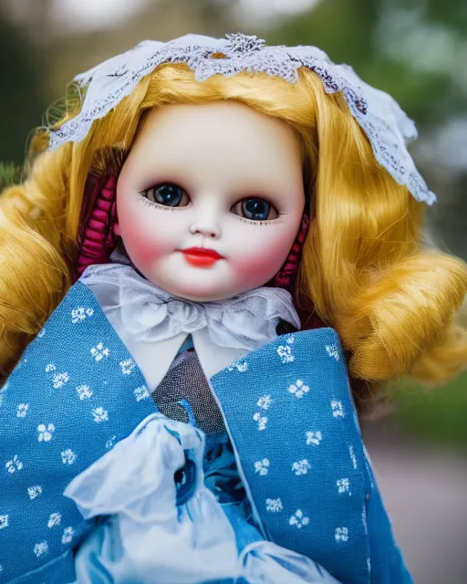 Image similar to high quality presentation photo of a cute Liza Simpsons porcelain doll in the style of mark ryden photography 4k, f1.8 anamorphic, bokeh, 4k, Canon, Nikon