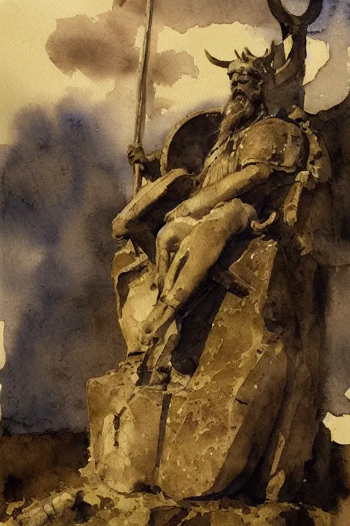 Image similar to abstract watercolor painting of viking god monument, in stone and wood, magical and traditional, cinematic light, national romanticism by anders zorn