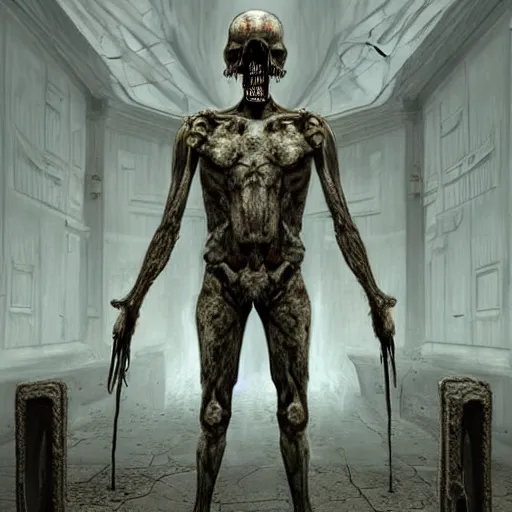 Image similar to full-body creepy realistic painting central composition a decapitated soldier with futuristic elements. he welcomes you with no head, dark dimension, empty helmet inside is occult mystical symbolism headless full-length view. standing on ancient altar eldritch energies disturbing frightening eerie, hyper realism, 8k, sharpened depth of field, 3D