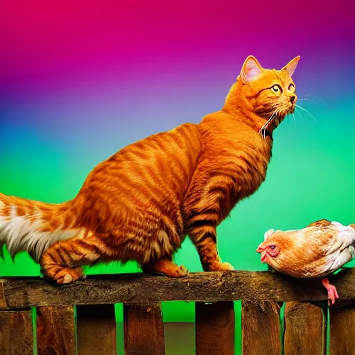 Prompt: hybrid of a cat and a chicken, wild species photography, vivid colors, award-winning, studio lighting