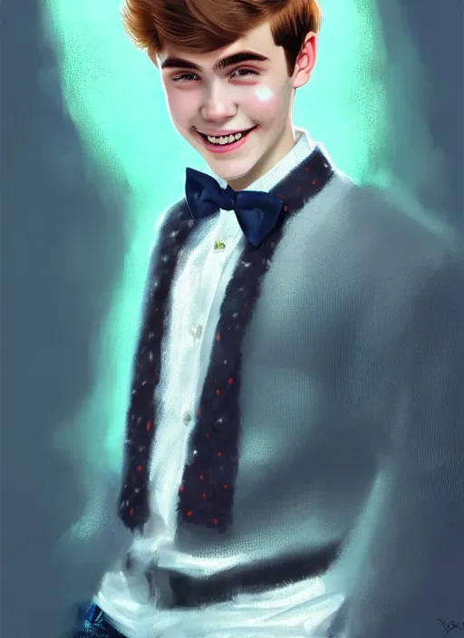 Image similar to portrait of teenage archie andrews, freckles, curly middle part haircut, curly hair, middle part hairstyle, smiling kindly, wearing a bowtie and sweater vest, intricate, elegant, glowing lights, highly detailed, digital painting, artstation, concept art, smooth, sharp focus, illustration, art by wlop, mars ravelo and greg rutkowski