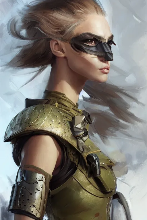 Image similar to a professionally painted portrait of an attractive young woman, clothed in military armor, olive skin, long dark hair, beautiful bone structure, symmetrical facial features, intricate, elegant, digital painting, trending on Artstation, concept art, smooth, sharp focus, illustration, from Metal Gear by Ruan Jia and Mandy Jurgens and Artgerm and William-Adolphe Bouguerea, award winning