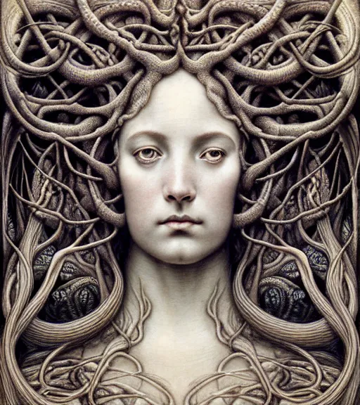Prompt: detailed realistic beautiful hydra goddess face portrait by jean delville, gustave dore, iris van herpen and marco mazzoni, art forms of nature by ernst haeckel, art nouveau, symbolist, visionary, gothic, neo - gothic, pre - raphaelite, fractal lace, intricate alien botanicals, ai biodiversity, surreality, hyperdetailed ultrasharp octane render