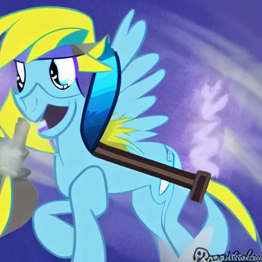 Image similar to evil ice wizard with an ice crown and blue beard and sword riding a pony in the style of my little pony : friendship is magic