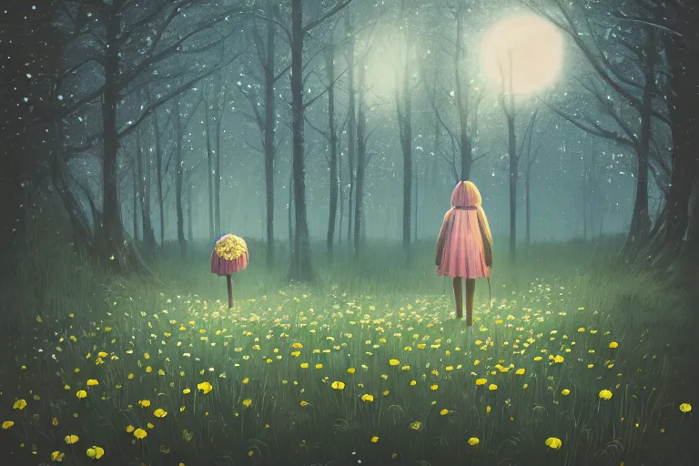 Image similar to giant bunch of daisy flowers head, girl walking in dark forest, surreal photography, dark night, stars, moon light, impressionist painting, clouds, digital painting, artstation, simon stalenhag