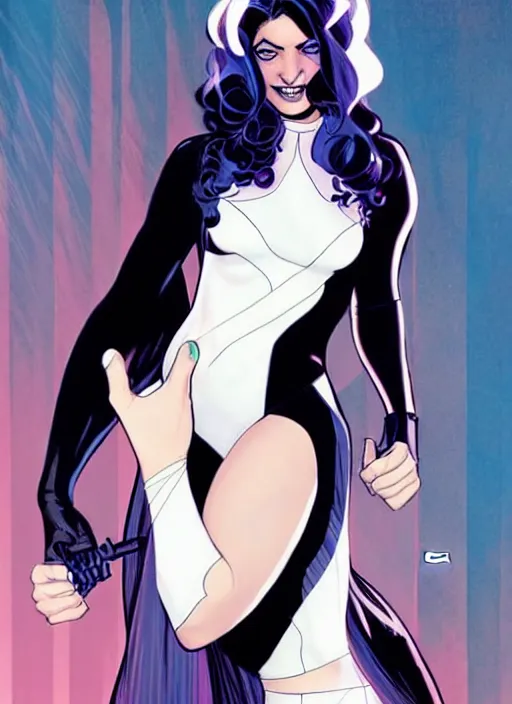 Image similar to Rafeal Albuquerque comic art, Joshua Middleton comic art, pretty female very pale white skin Phoebe Tonkin as Domino superhero X-MEN comics, black spot over left eye, fun smile, full body x-force outfit, long wavy black hair:: sunny weather::