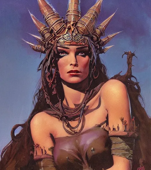 Image similar to evil princess of the wasteland, scrap metal headdress, strong line, deep color, cloudy sky, beautiful! coherent! by brom, by frank frazetta, low angle