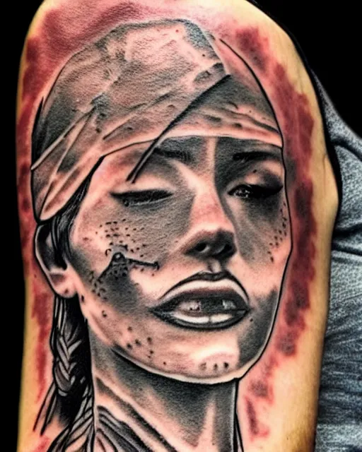 Image similar to pirate ship on a deserted island blended with a woman warrior face, realism tattoo drawing, hyper realistic, shaded