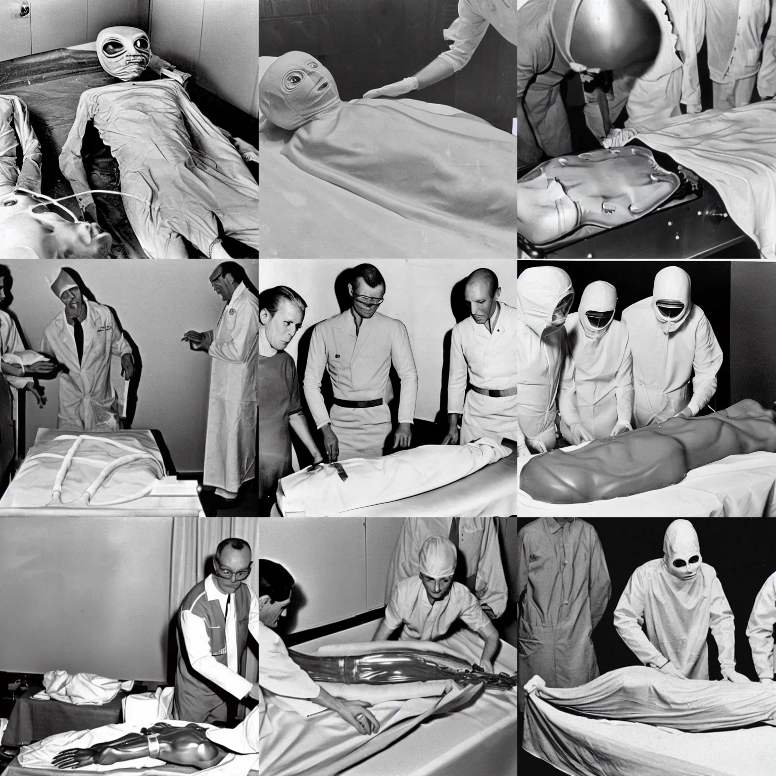 Prompt: 1960s photographic evidence of alien autopsy, doctors examining half-alien half-human body partially covered by sheets