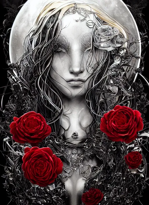 Image similar to silver and golden elements at frame borders, portrait, A beautiful dark witch in front of the full big moon, book cover, red roses, red white black colors, establishing shot, extremly high detail, foto realistic, cinematic lighting, pen and ink, intricate line drawings, by Yoshitaka Amano, Ruan Jia, Kentaro Miura, Artgerm, post processed, concept art, artstation, matte painting, style by eddie, raphael lacoste, alex ross