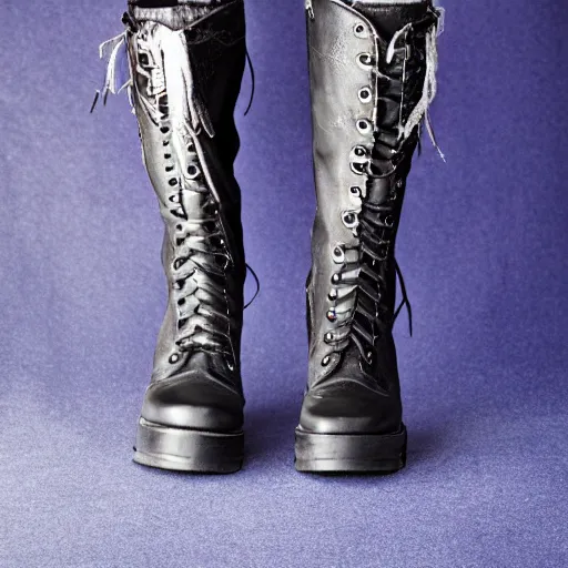 Prompt: Gothic boots, studio shot isolated on blue background. 8k