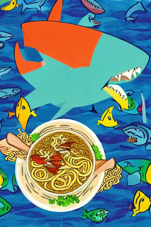 Image similar to a colorful shark eating ramen by leo lionni