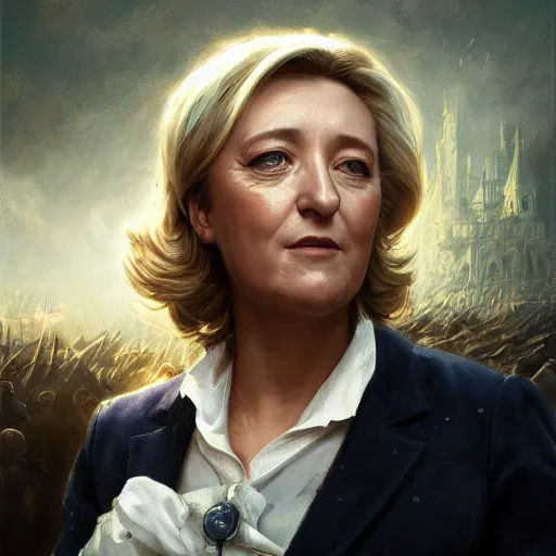 Image similar to Portrait of Marine le Pen , french revolution, amazing splashscreen artwork, splash art, head slightly tilted, natural light, elegant, intricate, fantasy, atmospheric lighting, cinematic, matte painting, detailed face, by Greg rutkowski