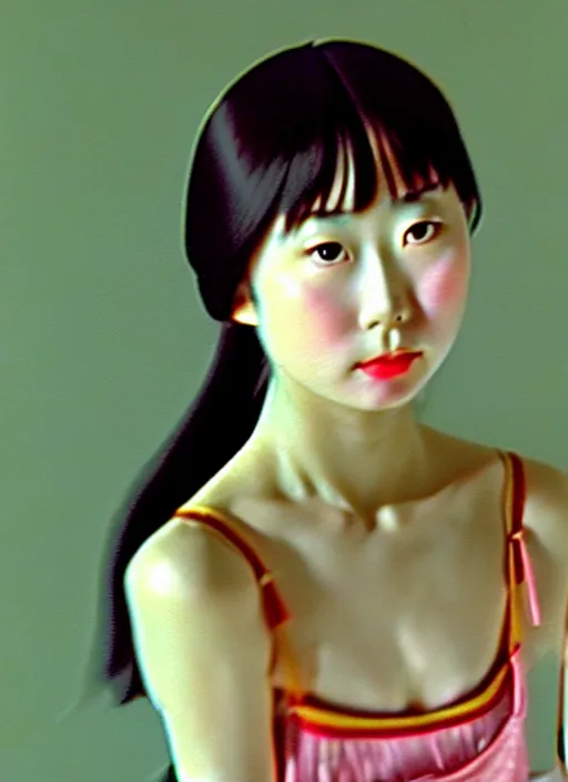 Prompt: vintage film still from Italy of pretty Asuka Saito stares in amusement at you. soft detailed painting at 16K resolution and amazingly epic visuals. epically beautiful image. amazing effect, image looks gorgeously crisp as far as it's visual fidelity goes, absolutely outstanding. vivid clarity. ultra detail. iridescent. mind-breaking. mega-beautiful pencil shadowing. beautiful face. Ultra High Definition. soft shading. soft texture. intensely beautiful.