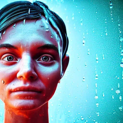 Image similar to human portrait of a teletubbie made out of rain, beautiful, neon, epic detail, rendered in octane, unreal engine