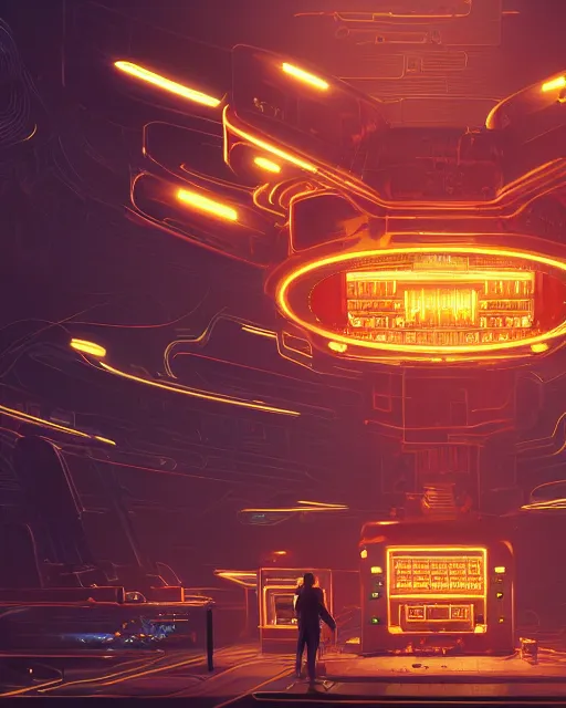 Image similar to cult of technology, exterior of scifi temple, machines, robots, ultra realistic, golden computers, highly detailed, atmosphere, masterpiece, epic lighting, glowing wires, transparent objects, mysterious, highlighted, 4 k, cinematic, art by patryk olkiewicz and chris ostrowski and liang yao