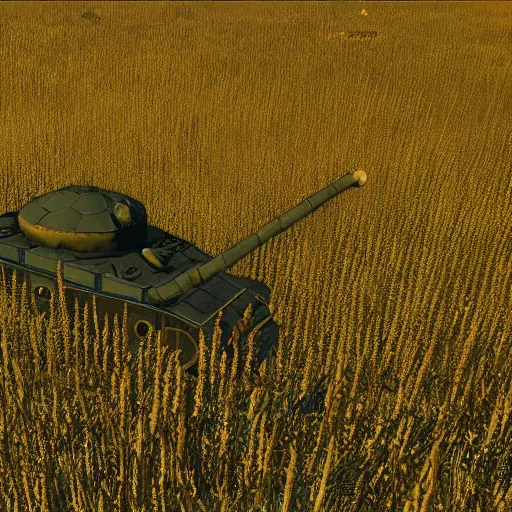 Image similar to a high resolution very detailed image from nier : automata of the russian tank final boss fight, in yellow rye field under blue sky