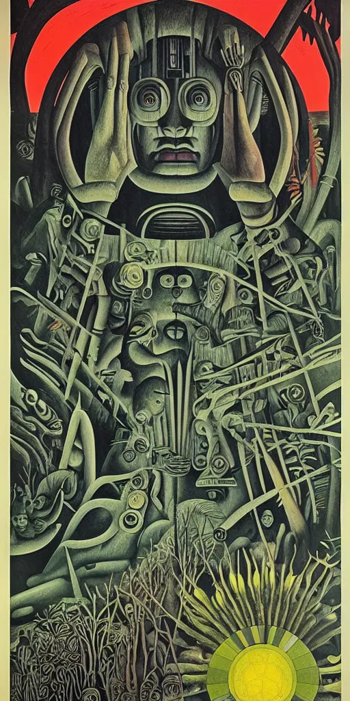 Image similar to 1968 science fiction movie poster, cut out collage, neon mayan, deep winter on Venus, epic theater, deep forest creatures, mountain plants, drawings in part by Diego Rivera, part by Ernst Haekl, text by William S Boroughs, written by Michael Ende