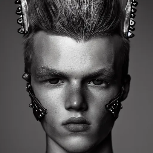 Prompt: a portrait of a beautiful young nordic male wearing an alexander mcqueen armor , photographed by andrew thomas huang, artistic