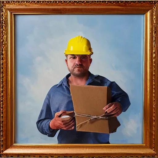 Prompt: an potrait of man with construction hat holding a package, the picture inside a photo frame, oil painting, 4K