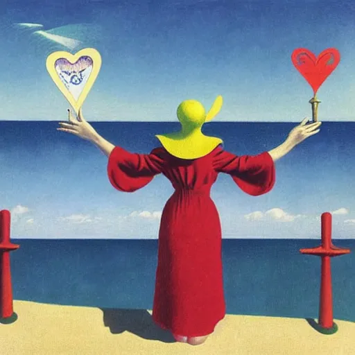 Image similar to An angel with jester hat and clothes on the front of a Balustrade with a beach on the background, major arcana cards, by Rene Magritte, hyperrealistic