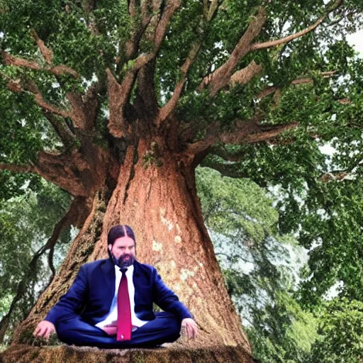 Prompt: president gabriel boric meditating on top of a big tree