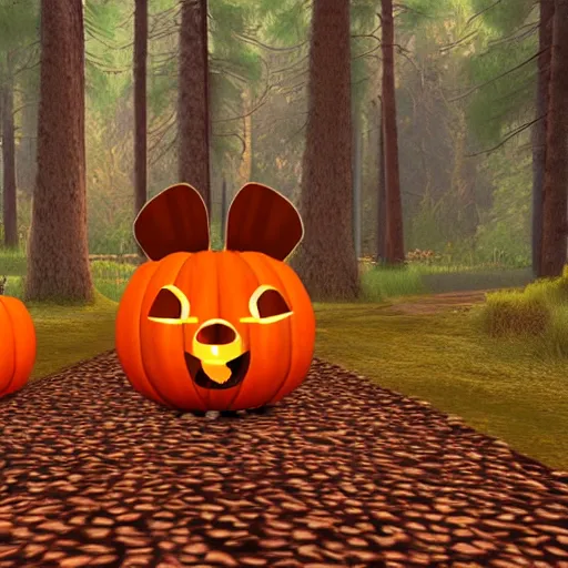 Image similar to a cute smiling bear made of pumpkins walking through the woods, unreal engine