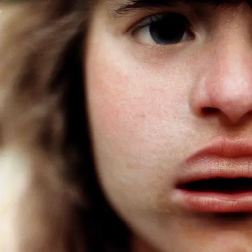 Image similar to a candid extreme closeup portrait of an expressive face of a terrified young woman by annie leibovitz