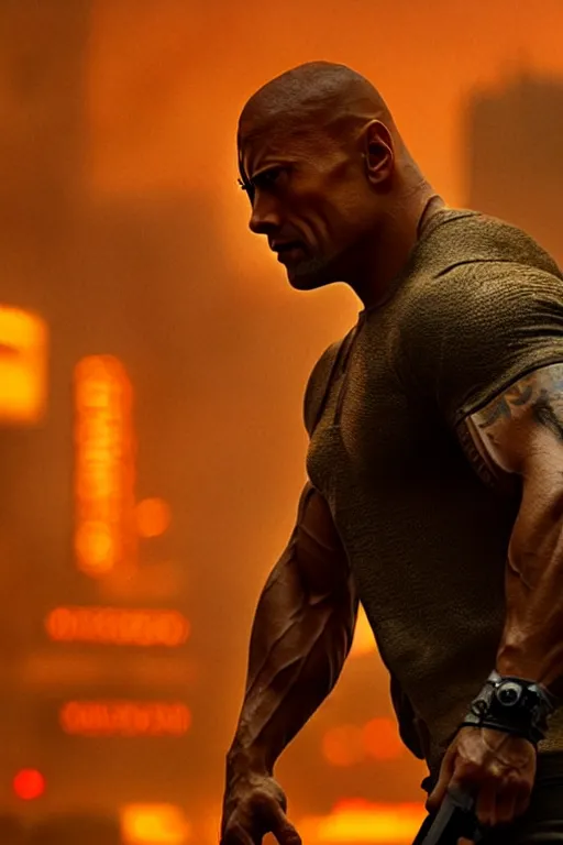 Image similar to An epic cinematic film still of Dwayne Johnson in the movie Blade Runner: 2049.