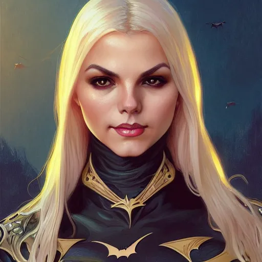 Image similar to Blonde Victoria Justice as Bat Girl, western, D&D, fantasy, intricate, elegant, highly detailed, digital painting, artstation, concept art, matte, sharp focus, illustration, art by Artgerm and Greg Rutkowski and Alphonse Mucha