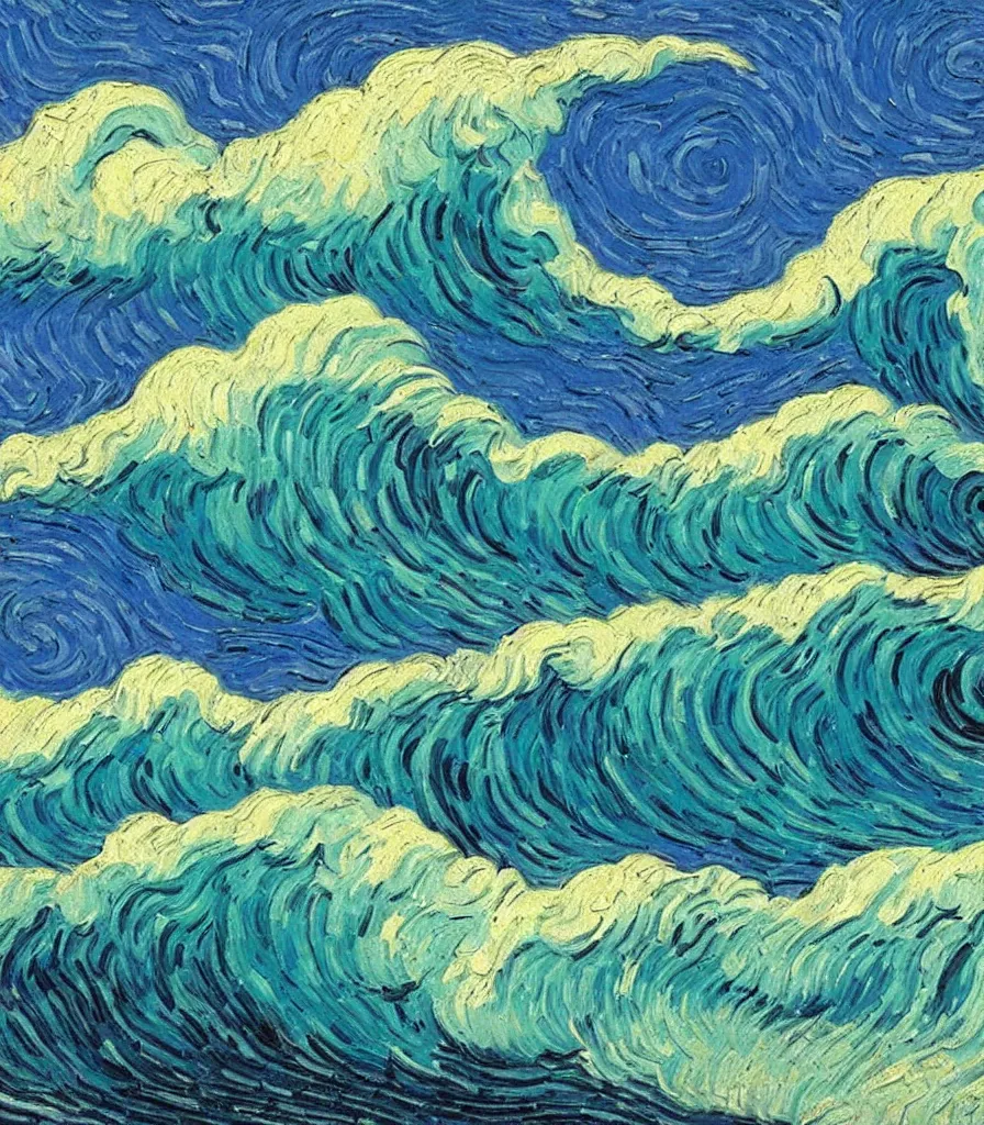 Prompt: an impasto oil painting of a barreling wave painted by vincent van gogh, traidic color scheme, blue and cyan colors, high detail, breathtaking wave, impressionism