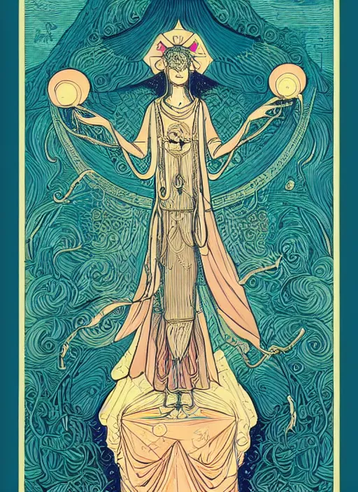 Image similar to beautiful tarot illustration of the hierophant, in the style of james jean and victo ngai, mystical colors, trending on artstation