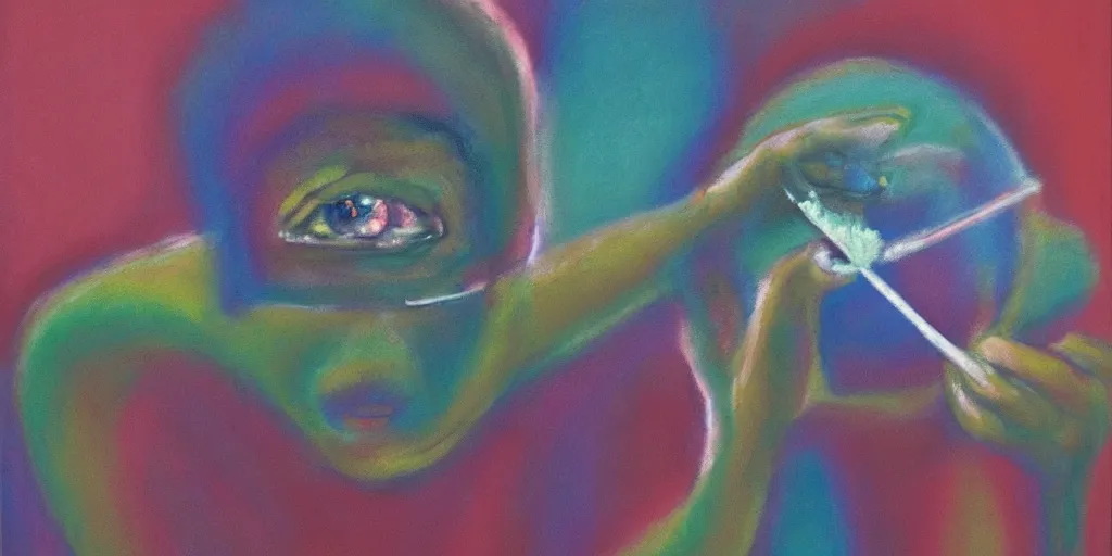 Prompt: pastel abstract painting of a man removing a nail from his third eye