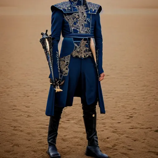 Image similar to medium shot of adult Austin Butler dressed in futuristic-baroque prussian blue duelist-garb with Griffin-Ram embroidery emblem, and nanocarbon-vest and greaves, standing in an arena in Dune 2020, XF IQ4, f/1.4, ISO 200, 1/160s, 8K, RAW, unedited, symmetrical balance, face in-frame