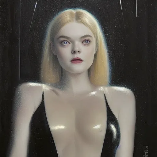 Prompt: Elle Fanning wearing a black latex suit in the style of Paola Vetri, head and shoulders portrait, stormy weather, extremely detailed masterpiece, oil on canvas, low-key neon lighting, artstation, Blade Runner 2049, Roger Deakin’s cinematography, by J. C. Leyendecker and Peter Paul Rubens and Edward Hopper and Michael Sowa,