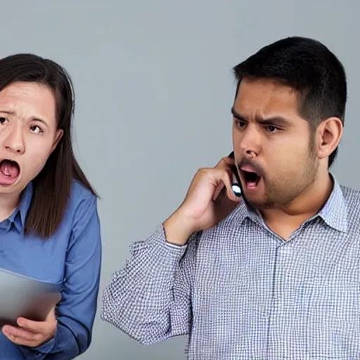 Prompt: a support engineer for an SD-WAN company deals with the same exact exasperated customer on the phone, dynamic pose