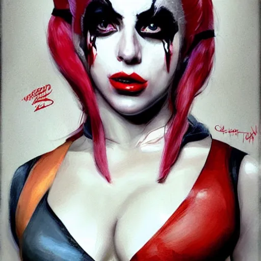 Image similar to lady gaga as harley quinn, painted by greg rutkowski